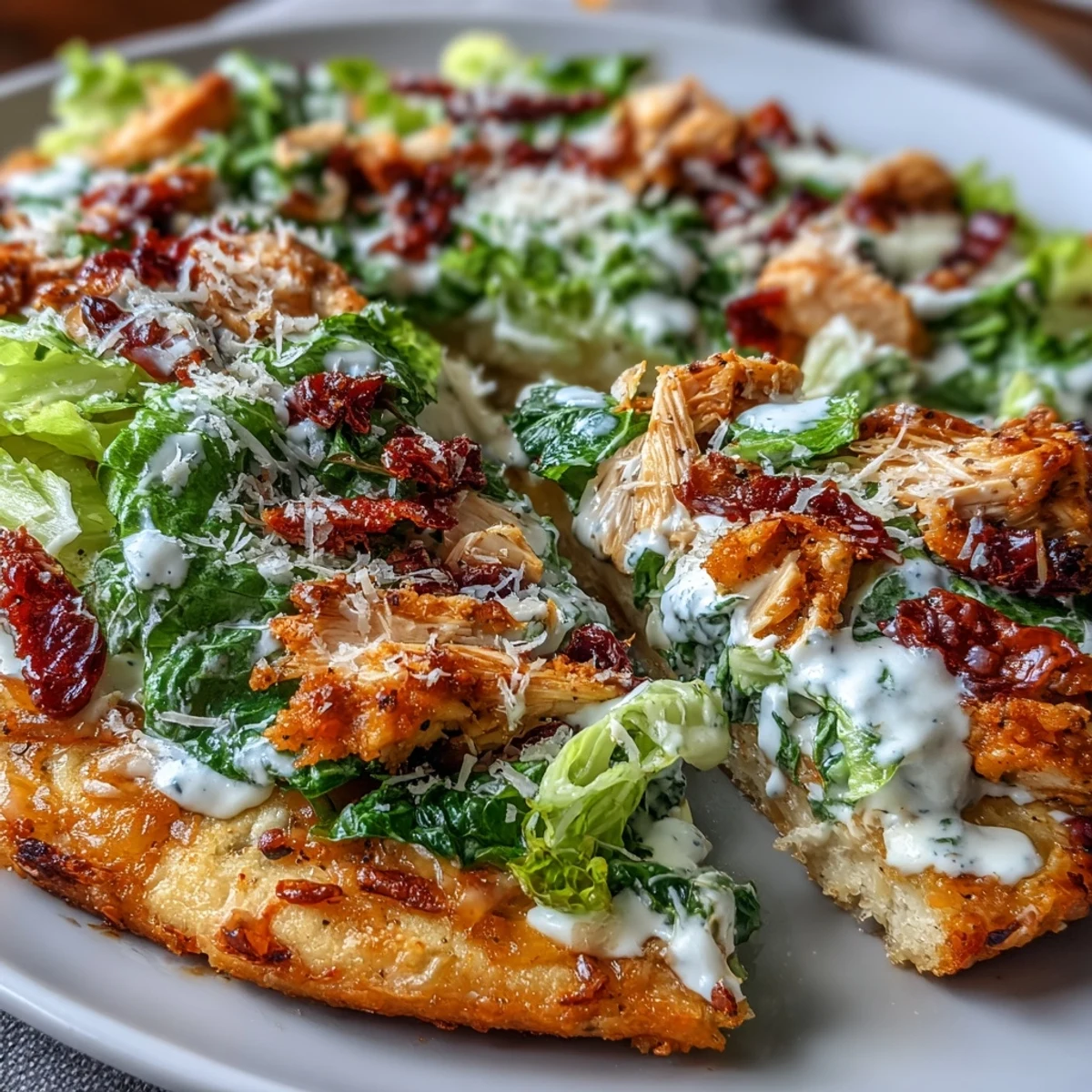 Golden baked chicken crust pizza loaded with Caesar salad, sun-dried tomatoes, and black pepper garnish.