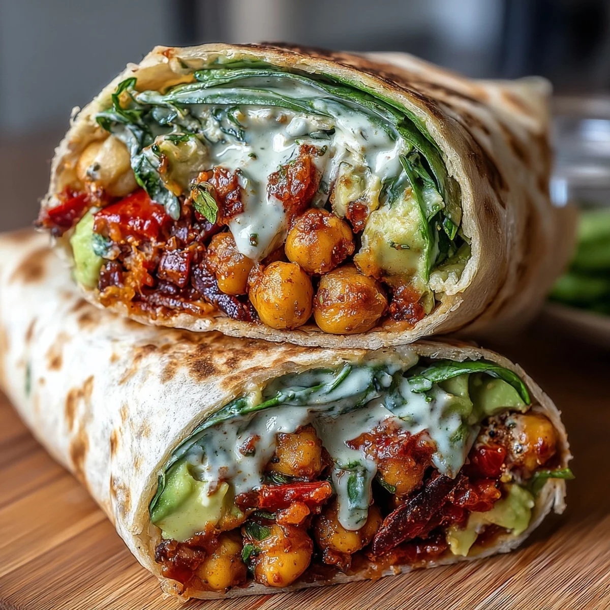 A colorful wrap filled with spiced chickpeas, creamy avocado, and crisp veggies, perfect for a healthy lunch.