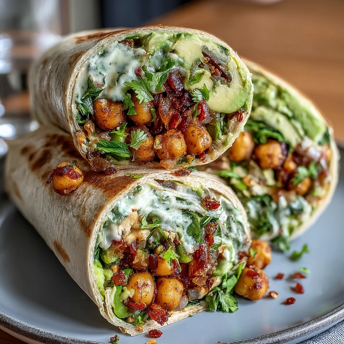 Spicy chickpea and avocado wrap with vibrant vegetables, served on a cutting board with fresh cilantro garnish.