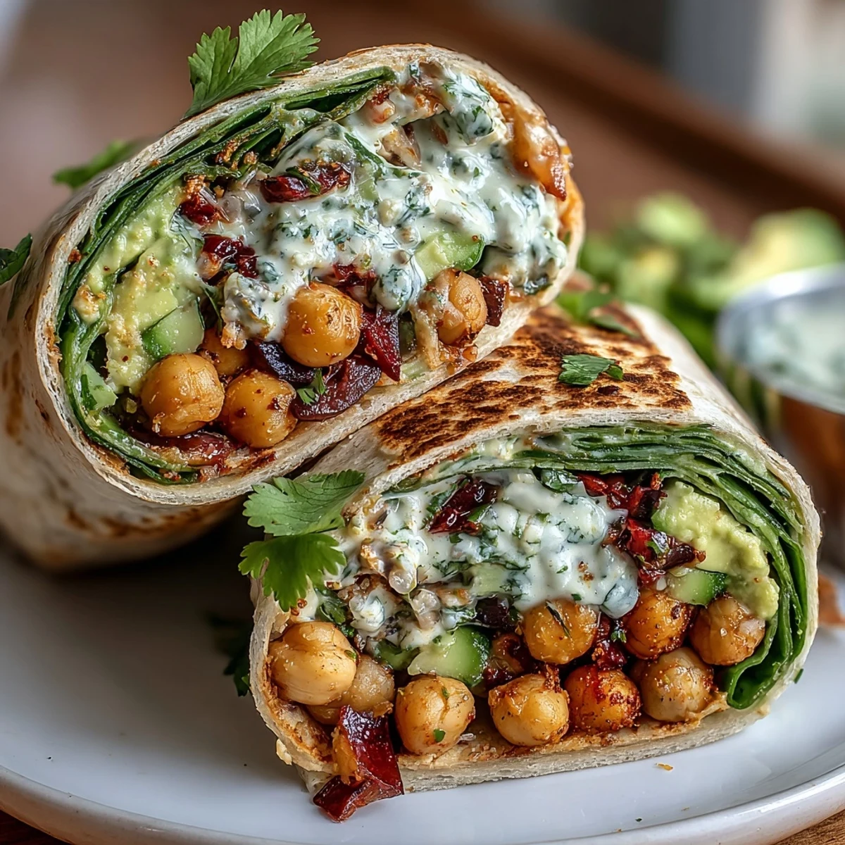 Plant-based chickpea avocado wrap with bold spices, sliced in half to showcase the hearty filling and fresh ingredients.