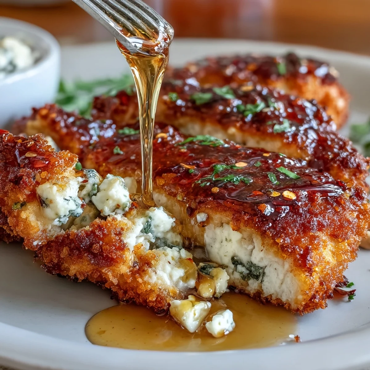 Crispy chicken cutlets with creamy feta and a spicy-sweet hot honey drizzle, perfect for a bold weeknight dinner.  