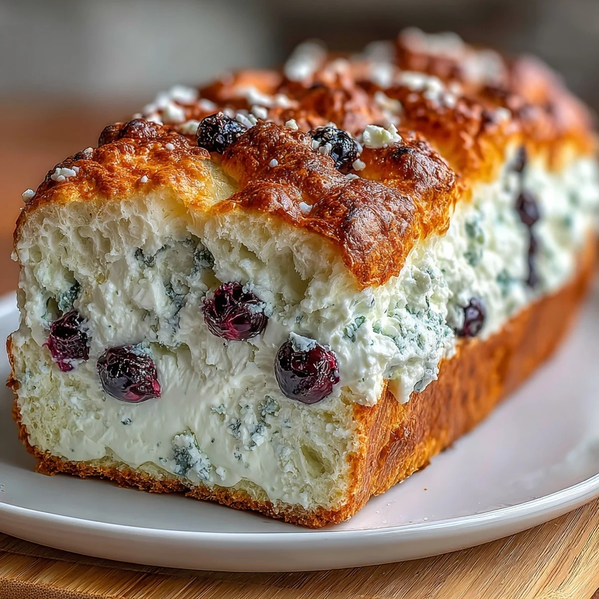 Fluffy Cottage Cheese Blueberry Cloud Bread with golden-brown edges and juicy berries.