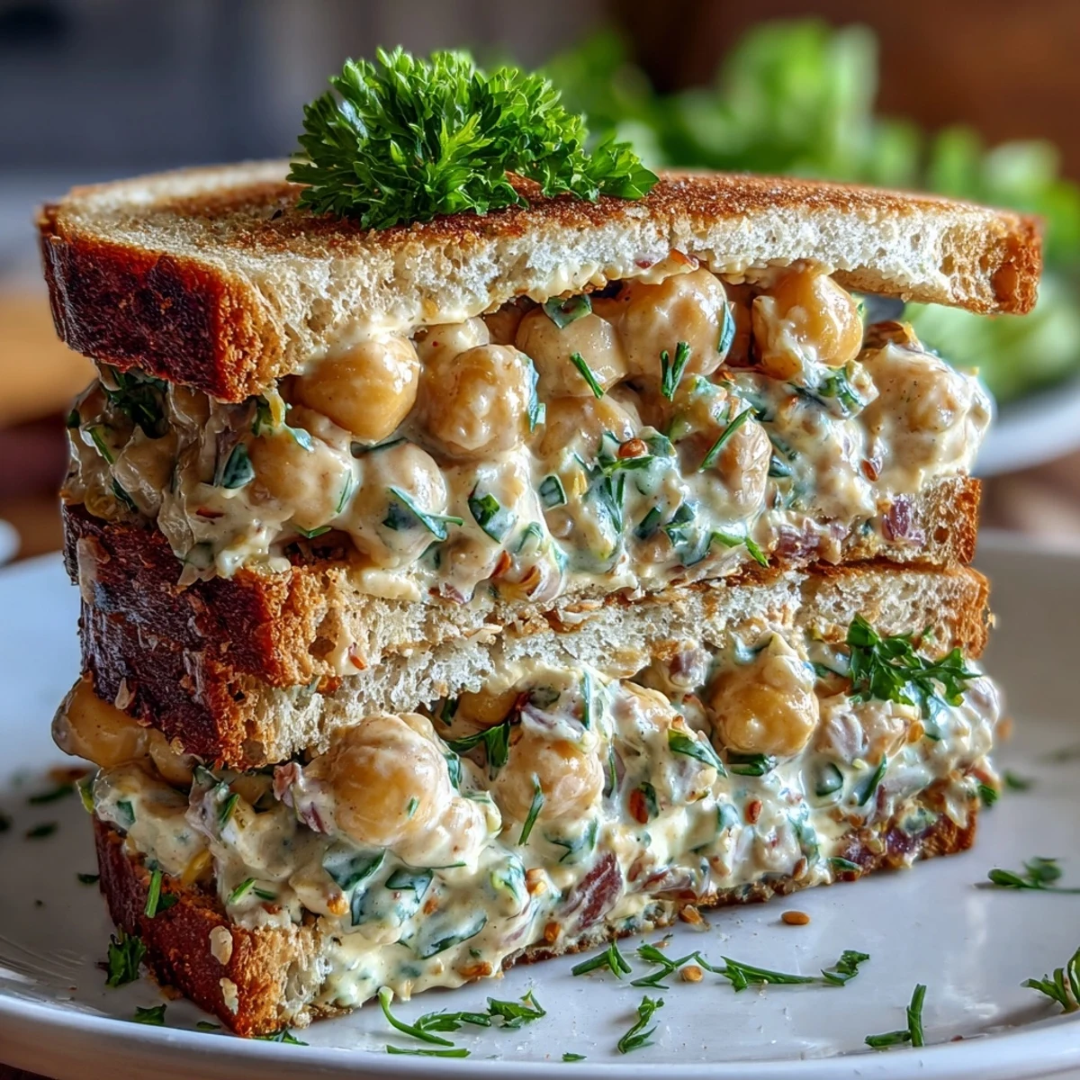 Creamy chickpea salad sandwich with fresh herbs, celery, and tangy Dijon dressing served on whole grain bread.  