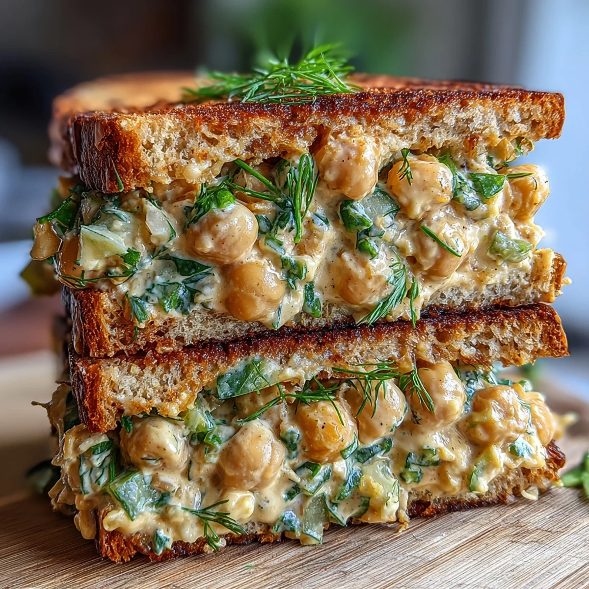 Flavorful chickpea salad sandwich filling with parsley, onion, and Dijon mustard, served chilled on your favorite bread.