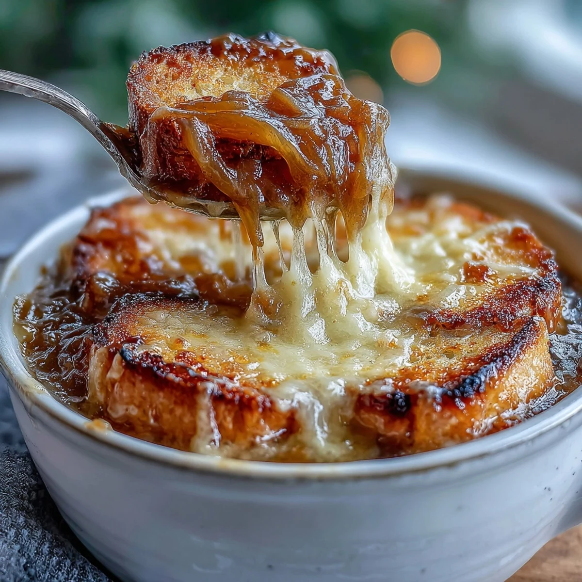 Rich French onion soup with caramelized onions and beef broth, topped with golden sourdough Gruyere crostini for a comforting winter meal.  