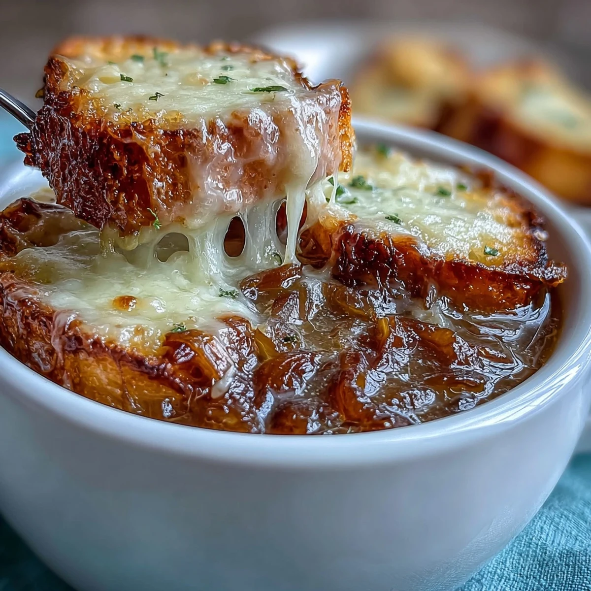 Savory caramelized onion soup served in a bowl with bubbling Gruyere-topped sourdough crostini, perfect for cozy dinner nights.  