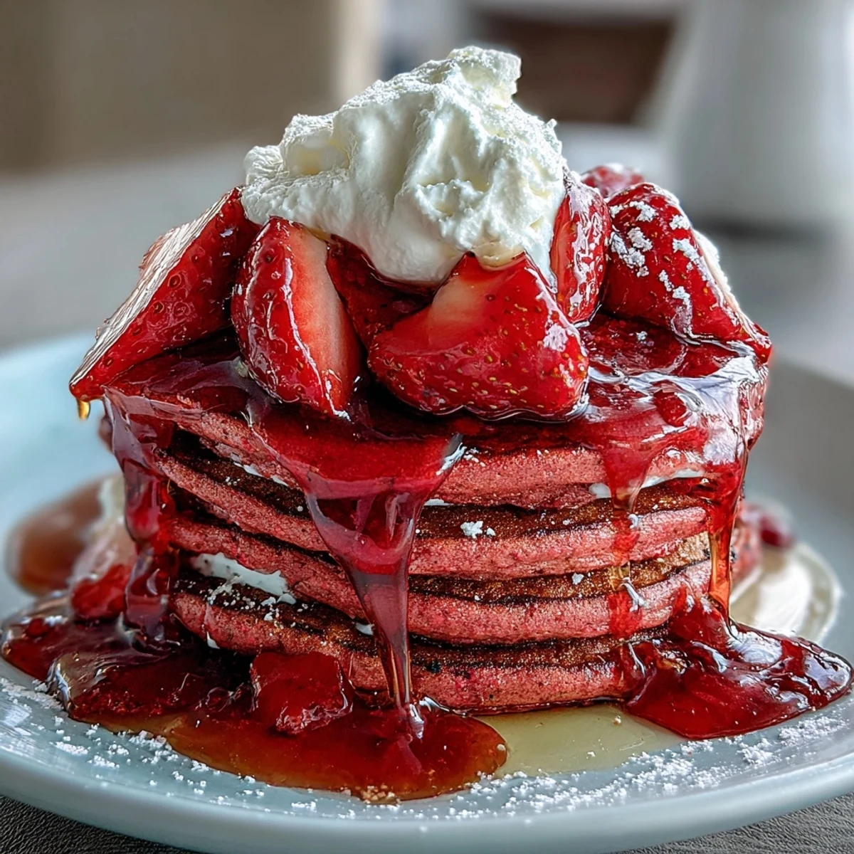 Fluffy pink pancakes with beetroot and strawberry compote, a vibrant Galentine's brunch treat topped with fresh berries.  