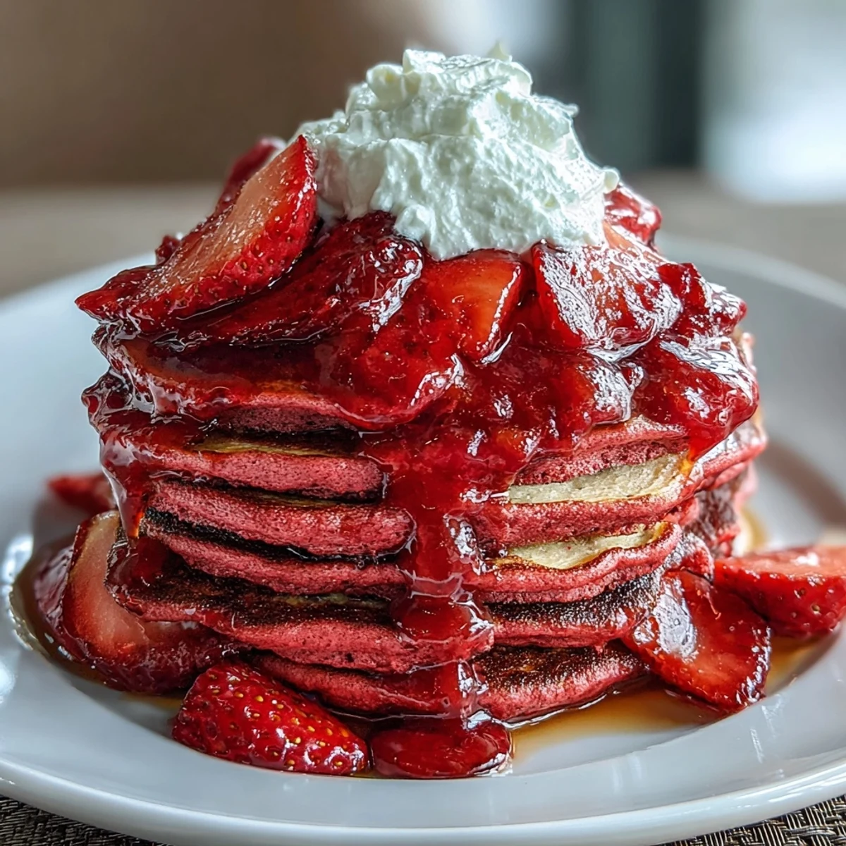 A stack of naturally pink pancakes served with luscious strawberry compote, perfect for a festive Valentine's brunch with friends.  