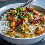 Vibrant vegan mango coconut chickpea curry with tender rice, sweet mango, and creamy coconut milk.  