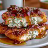 Golden fried chicken topped with melted feta cheese and finished with a kick of hot honey for an irresistible comfort meal.  