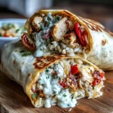 A warm flour tortilla filled with seasoned chicken, sautéed bell peppers, and melted cheddar, drizzled with creamy ranch dressing.  