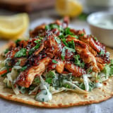 Flavorful roasted chicken tacos topped with crunchy red and green cabbage slaw, drizzled with creamy lemon sauce.  