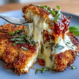 Air fryer chicken Parmesan recipe featuring juicy breaded chicken breasts topped with rich tomato sauce and gooey cheese, perfect for weeknight dinners.  