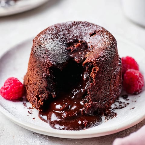 Steaming, oozing center of delicious mini chocolate lava cakes, perfect with fresh berries on the side.
