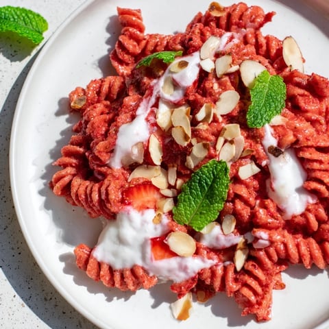 Fresh, vibrant Sweet Strawberry Yogurt Pasta, a summery dessert with juicy strawberry sauce.