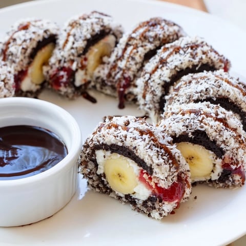 Luscious Oreo Cookie Sushi Rolls, ready to dip in rich chocolate, visually delicious dessert.
