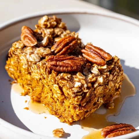 Fluffy Pumpkin Spice Baked Oats, served warm with a drizzle of maple syrup and chopped pecans.