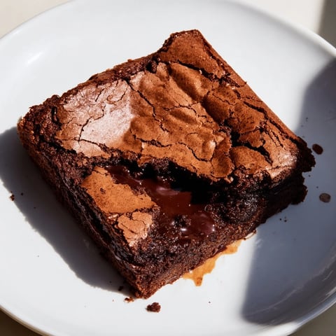 Ina Garten Brownie Pudding, a crackly-topped, molten chocolate dessert; imagine the rich, gooey center.