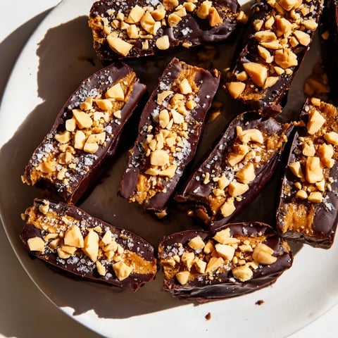 Close-up of frozen Date Bark, Snickers-style, with chocolate, peanut butter, and peanut topping.