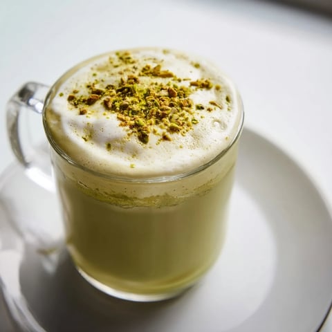 Steaming pistachio latte, crowned with frothy cold foam, perfect for a cozy morning.