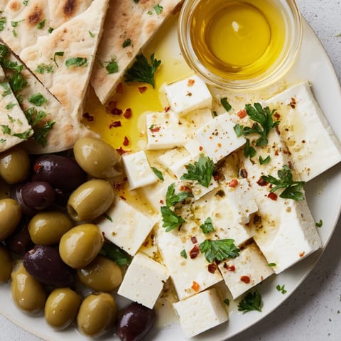 Turkish Olives & Cheese Board: A colorful appetizer with brined olives, feta, warm pita, and honey.
