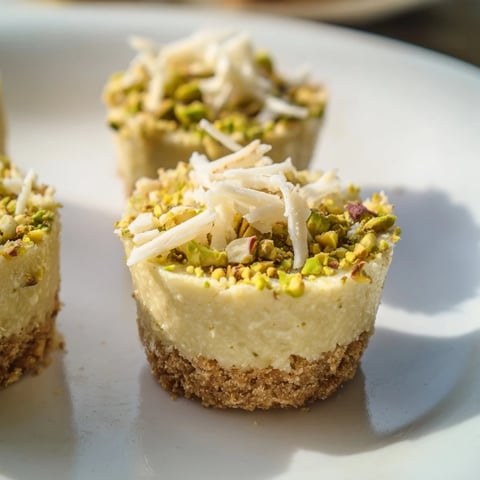 A tray of elegant Pistachio Cheesecake Bites, ready to enjoy with a creamy filling and pistachio crust.