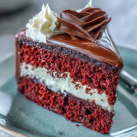 A slice of the Red Betty Boop Heart Cake reveals soft red crumb with velvety cream cheese frosting and a crisp dark chocolate silhouette on a white plate.