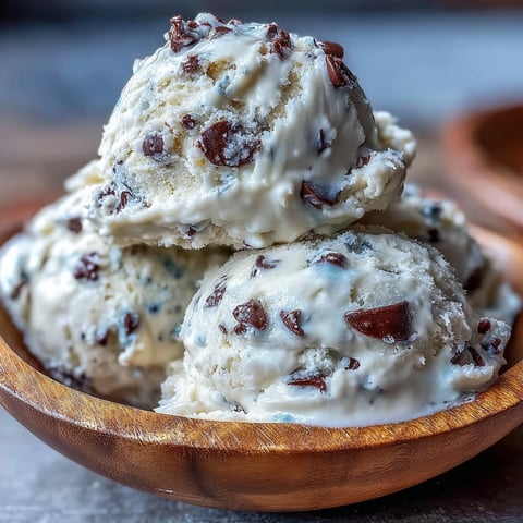 Scoops of chilled Greek Yogurt Cookie Dough with chocolate chips on a rustic plate, ready to eat.