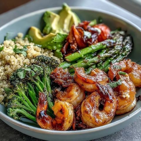 A close-up view of the Rainbow Vegetable Detox Bowl featuring sautéed shrimp and creamy avocado slices.