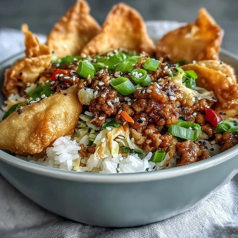 Golden crispy baked wonton strips piled high on ground chicken and crunchy cabbage, all served over fluffy rice in a Crispy Baked Egg Roll Chicken Bowl.