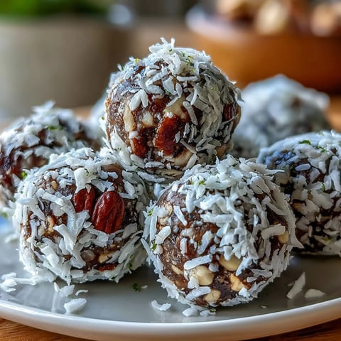 Vegan Coconut Lime Energy Balls with Dates and Cashews, coated in shredded coconut and served chilled on a rustic platter. 