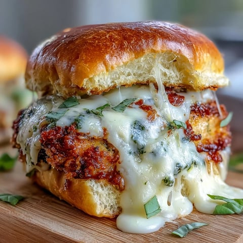 Savory pesto chicken parmesan sliders with golden breaded chicken, melted mozzarella, and marinara sauce on toasted brioche buns.  