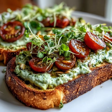 Avocado pesto sourdough toast with cherry tomatoes and microgreens on a rustic wooden board.  