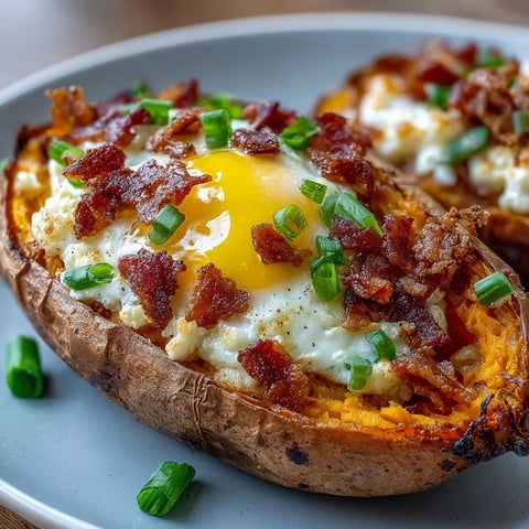 A hearty breakfast of baked sweet potatoes stuffed with bacon, cheddar, and eggs, topped with fresh scallions for a flavorful start to the day.