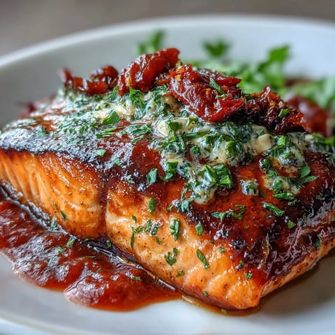 Creamy garlic salmon with sun-dried tomatoes served on a white plate, garnished with fresh basil.  