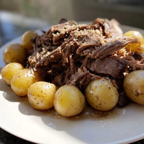 Fork-tender Slow Cooker Pot Roast falling apart, surrounded by potatoes, a delicious American classic.