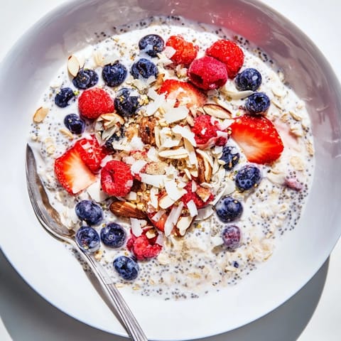 Fresh berries piled atop prepared overnight oats with chia seeds for a healthy breakfast.