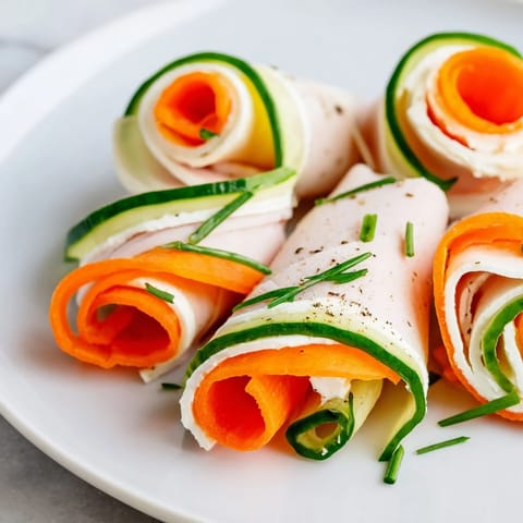 Vibrant image of The Ribbon Dancer: rolled turkey filled with cream cheese and draped in fresh vegetable ribbons.