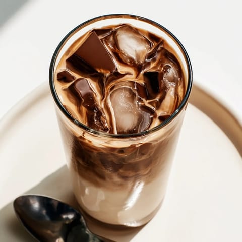Spoonful of rich melted chocolate forms a delightful crackling contrast over this chocolate cracking iced latte.