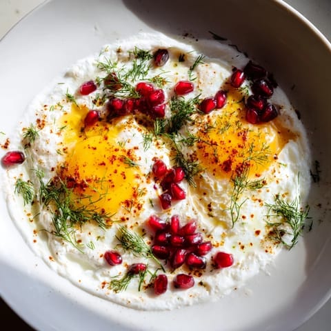 Golden poached eggs sit atop creamy yogurt in this flavorful Çılbır, sprinkled with sumac.