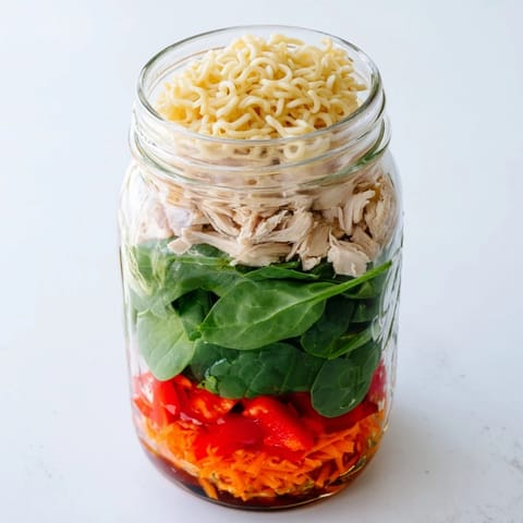 A single serving of Mason Jar Noodle Meal Prep features vibrant layers of vegetables, chicken, and noodles.