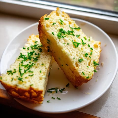 A close-up view of fluffy cloud bread toasts seasoned with garlic and herbs, arranged on a rustic wooden board.  