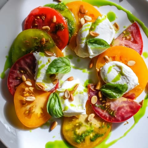 Vibrant heirloom tomato salad board with creamy burrata, drizzled basil oil, and fresh basil garnish.
