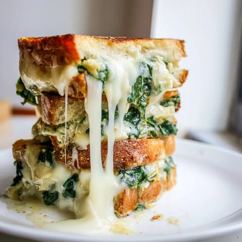 Two golden spinach artichoke grilled cheese sandwiches served hot, oozing cheese, perfect alongside a bowl of tomato soup.