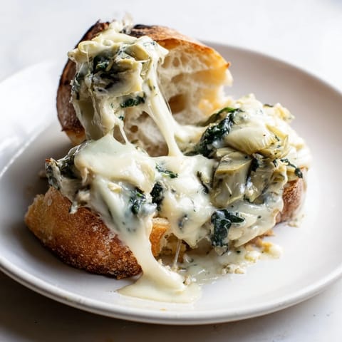 A close-up shows crisp crust and melted cheese oozing from this spinach-artichoke grilled cheese.