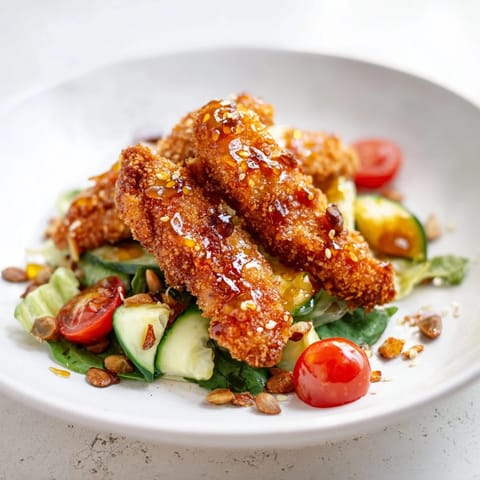 Golden fried chicken drizzled with spicy honey tops a colorful bowl of romaine, cucumbers, and cherry tomatoes in this salad.