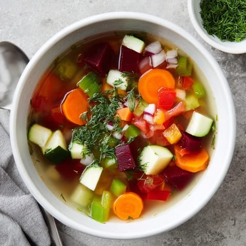 Close-up view of vibrant Rainbow Vegetable Detox Soup in a rustic bowl, garnished with fresh parsley and lemon.