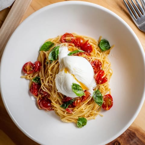 In a shallow bowl, warm Burrata Caprese Pasta features silky olive oil sauce, bright basil, and a torn ball of creamy burrata ready to drizzle over the noodles.