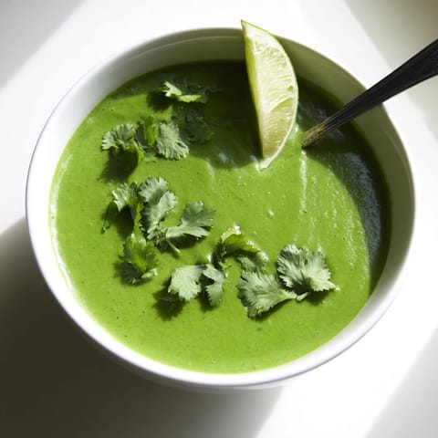 Steaming creamy Spinach Coriander Lemongrass Soup served in a rustic earthenware bowl, topped with coriander leaves and a lime wedge. 