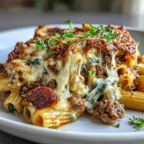 A close-up of High Protein Italian Beef and Pasta Bake with melted mozzarella and Parmesan bubbling over golden, savory beef and vegetable sauce.